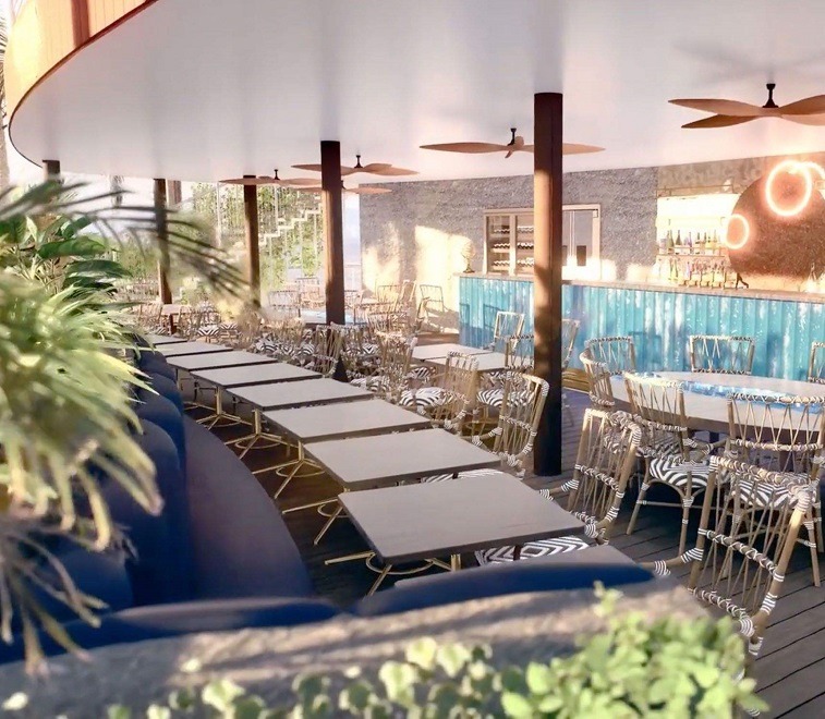Vue de Canua Island, avec des transats, un bar lounge, un restaurant et une piscine, symbolisant la controverse écologique