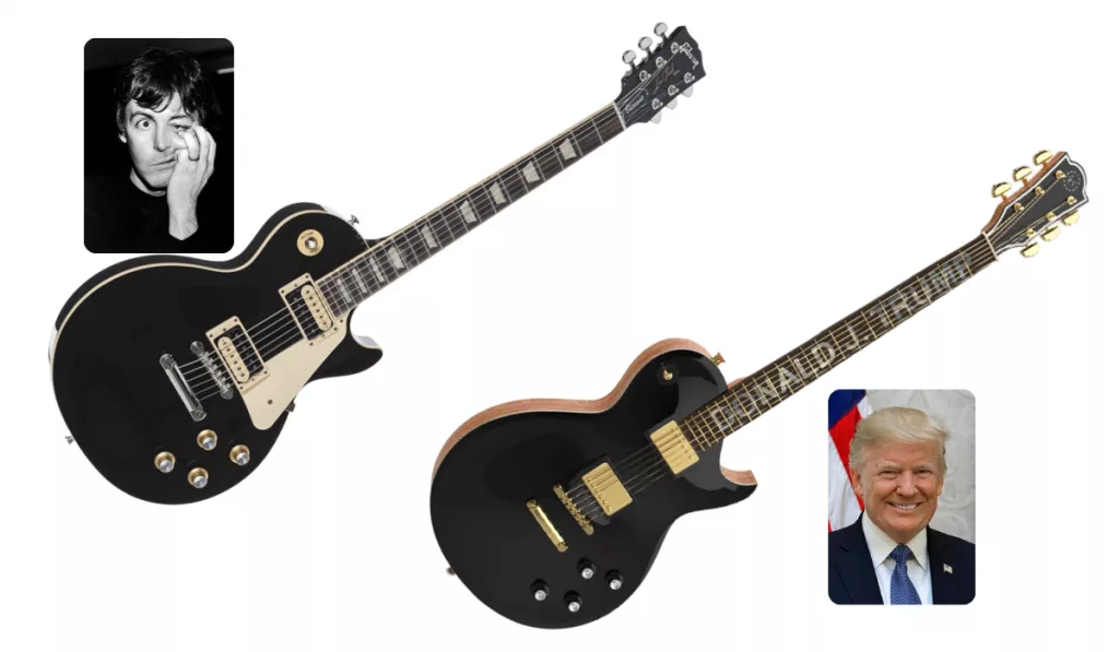 Une guitare Les Paul classique aux côtés du modèle controversé American Eagle.