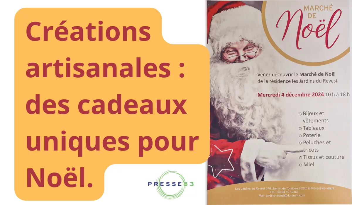 Marché de Noël des Jardins du Revest : bijoux, poteries et cadeaux locaux dans une ambiance festive et conviviale.
