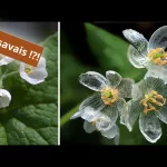 Une fleur Diphylleia grayi aux pétales transparents après une averse.