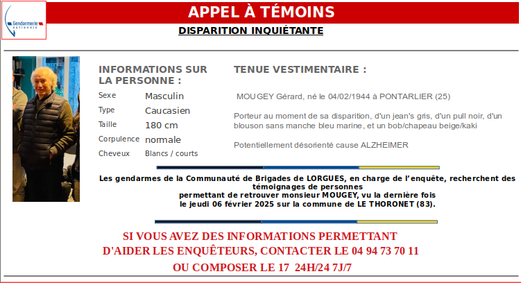 Appel à témoins lancé par la gendarmerie du Var.