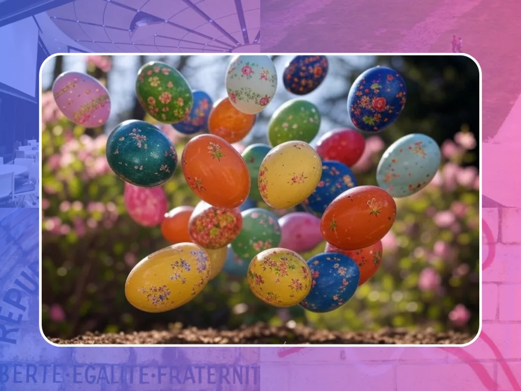 Œufs colorés décorés à la main dans un panier en osier