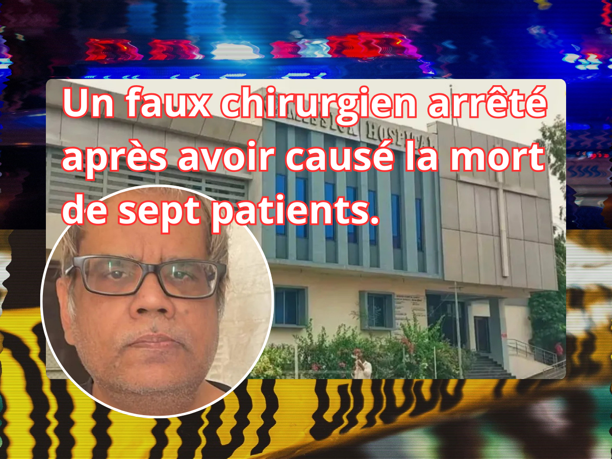 Le visage de Narendra Yadav, imposteur en blouse blanche.