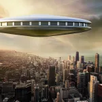 Soucoupe volante au-dessus d'une ville