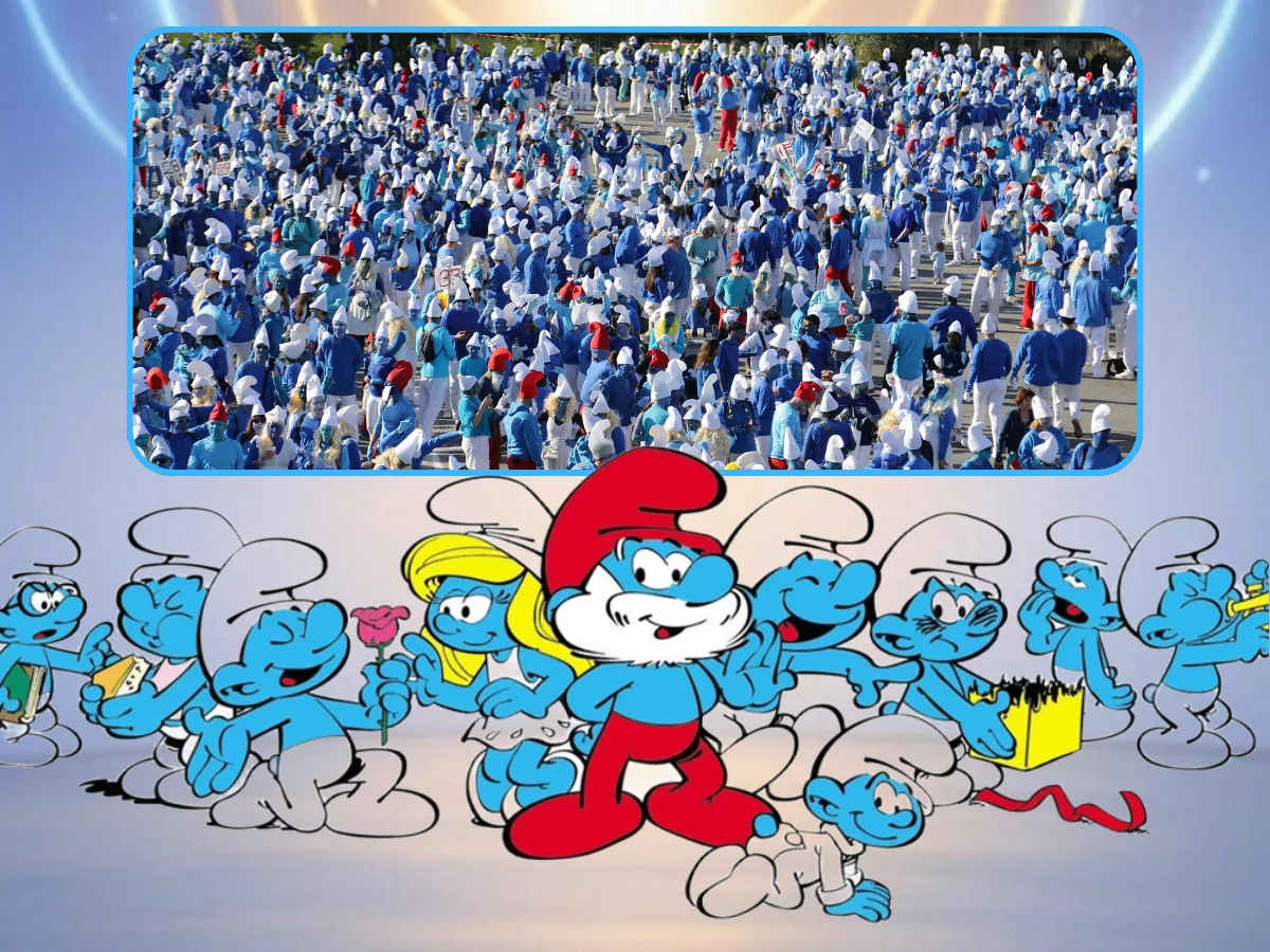Participants déguisés en bleu sur le parking Saint-Ernel.