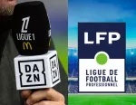 Image scindé en deux : à gauche le diffuseur britannique DAZN, à droite la Ligue de Football Professionnel (LFP)