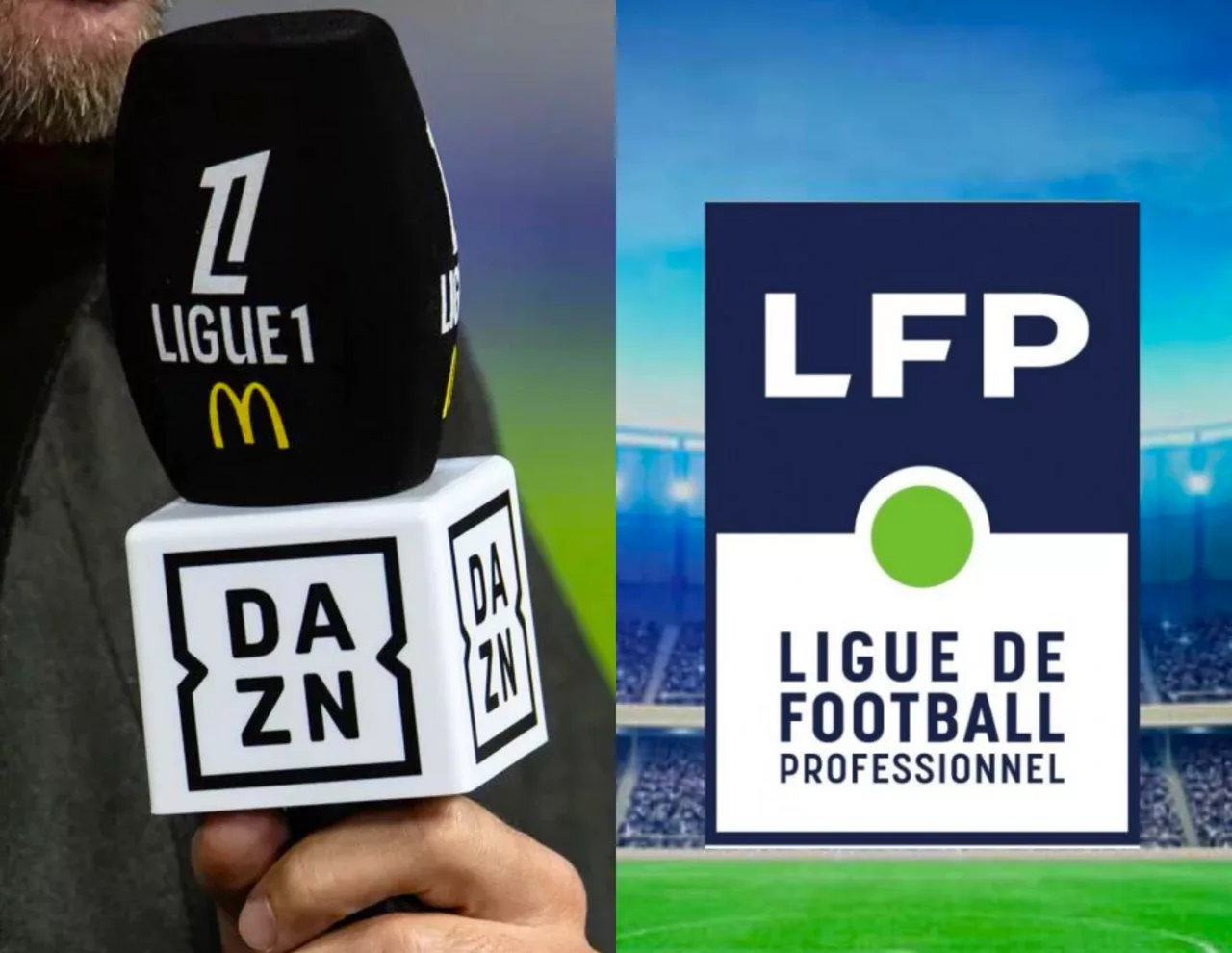 Image scindé en deux : à gauche le diffuseur britannique DAZN, à droite la Ligue de Football Professionnel (LFP)
