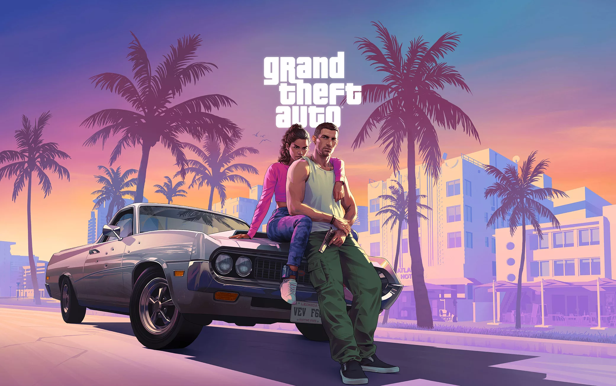 Couverture du jeu vidéo GTA 6. Jason et Lucia assis sur une voiture.